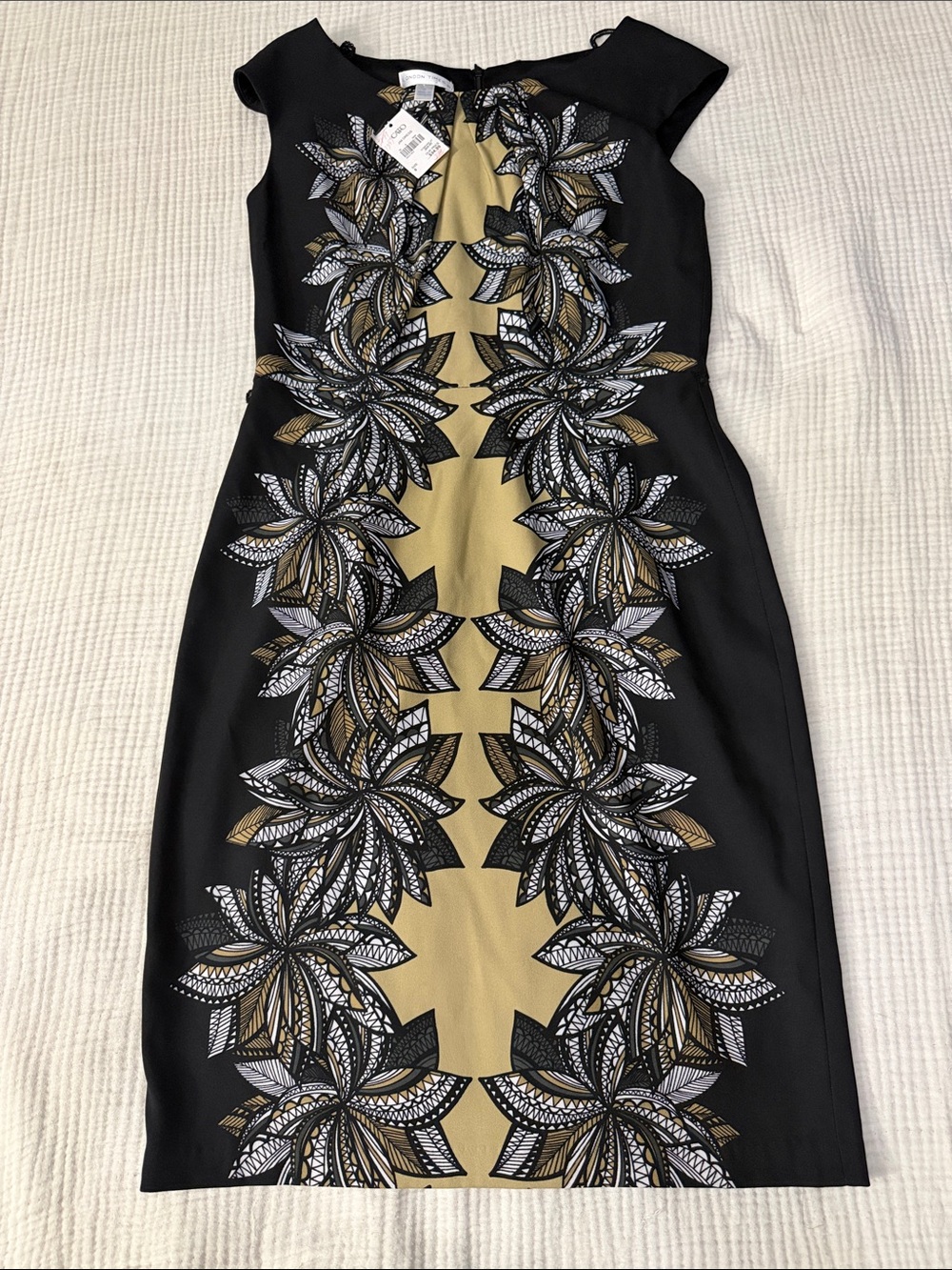 London Times Black Dress with Gold Floral Appliqué